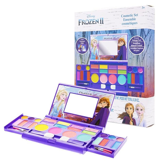 Disney Frozen Elsa Anna Cosmetic Compact Set with Mirror 22 lip glosses, 4 Body Shines, 6 Brushes Colorful Portable Foldable Washable Makeup Beauty Kit Box Set for Girls Kids Toddler-Velvo Beauty
