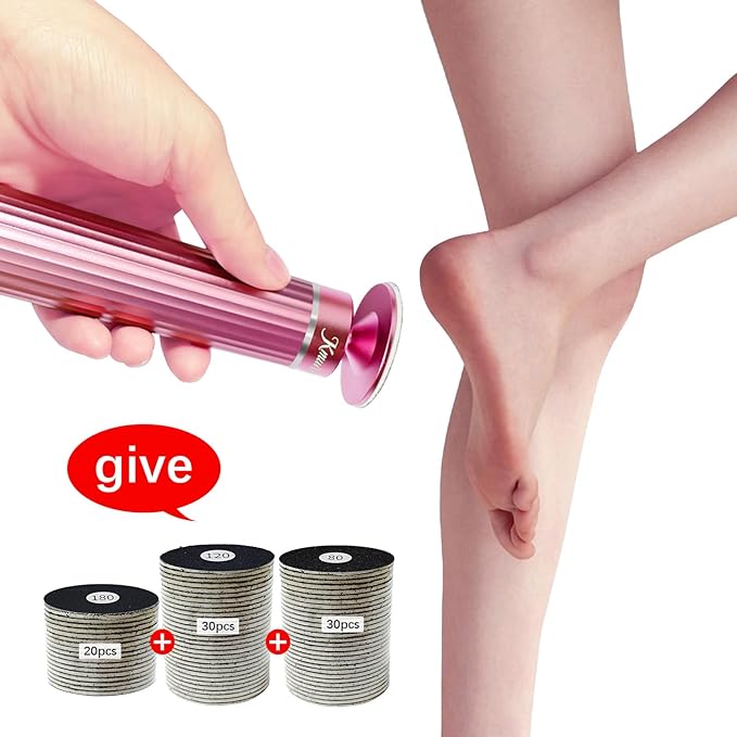 5.3'' Electric Foot Callus Remover with 80pcs Sandpaper Discs & Brush, Professional Aluminum Ergonomic Pedicure Tool, Stepless Speed & Reverse Control for Dead Skin Removal (Pink)-Velvo Beauty