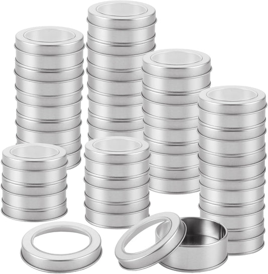50Pcs 2 Oz Metal Tin Cans, Round Empty Containers with Clear Top, Salve Tins Containers With Lids for Candles Salve Cosmetic Candies Food Storage-Velvo Beauty