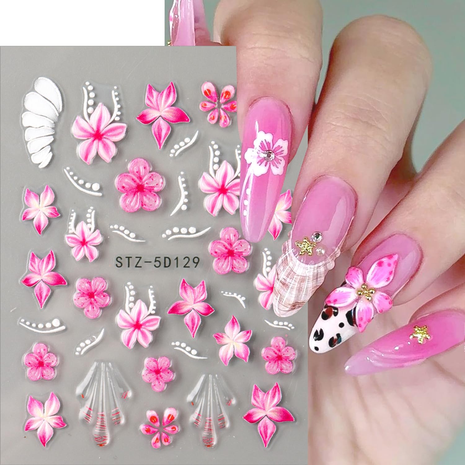 Cute Flowers Nail Art Stickers 5D Embossed Flower Nail Decals with Rhinestones Design Nail Stickers Self-Adhesive Colorful Floral Starfish Nail Decal French Sticker for Women Summer Hawaii Nails Decor-Velvo Beauty