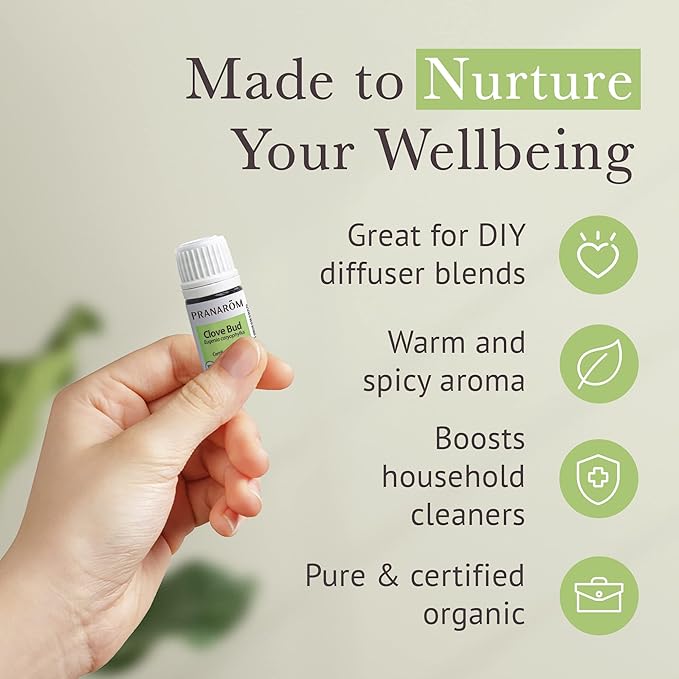 Pranarom USDA Certified Organic Clove Essential Oil (5ml), 100% Pure Undiluted Therapeutic Grade from Sri Lanka & Madagascar for Aromatherapy, Diffuser, Immune Support, DIY Cleaning, Warm Scent-Velvo Beauty