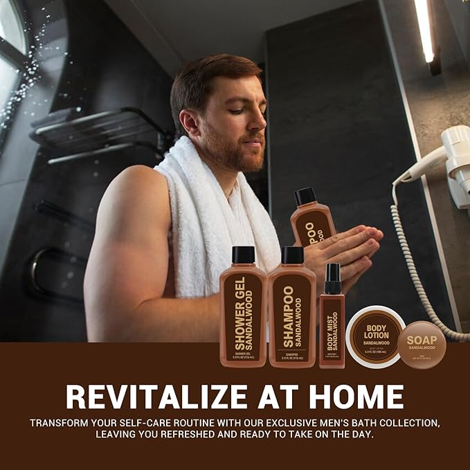 Gift Sets for Men Bath and Body Mens Gifts 6pcs Sandalwood Travel Size sets with Shampoo, Shower Gel, Soap, Body Lotion, Birthday Gifts for Men, Self Care Fathers Day Gifts-Velvo Beauty