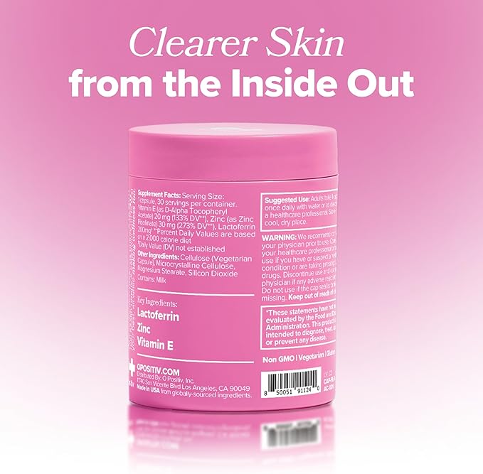 O Positiv FLO Acne Capsules – Reduce Number and Severity of Pimples, Whiteheads, Blackheads, and Pustules on Face, Back, and Body – Colostrum-Derived Lactoferrin, Zinc and Vitamin E – 30 Servings-Velvo Beauty