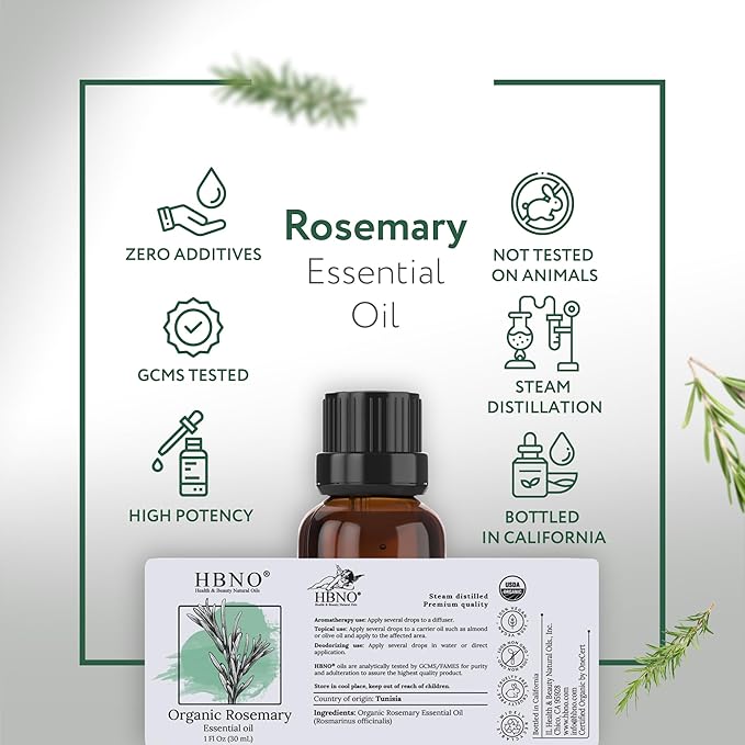 HBNO California Bottled Organic Rosemary Essential Oil 1 fl oz (30ml) - USDA Certified Organic Rosemary Essential Oil for Aromatherapy, Soap Making, DIY, Fragrances, Diffuser-Velvo Beauty