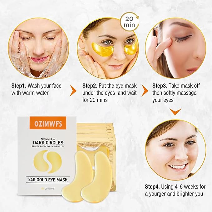 Organic 24K Gold Eye Mask with Collagen. Treatments reduce Puffy Eyes and Dark Circles Reduce Wrinkles and Fine lines-Velvo Beauty