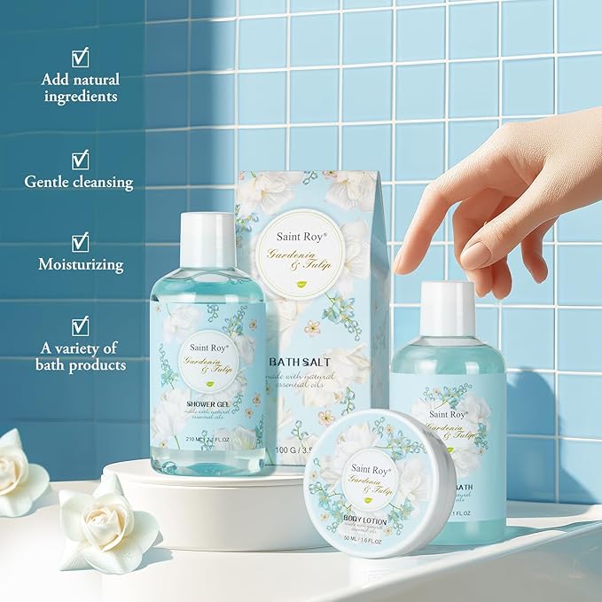 Mother's Day Gift for Mom Spa Gift Baskets for Women, Gardenia Tulip Home Spa Kit with Cosmetic Bag gift woman. Bath & Body Basket Set 8Pcs Bath and Body Gifts Set, Luxury Gift Basket-Velvo Beauty