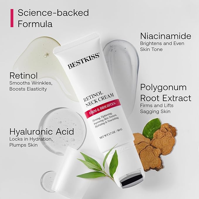 Retinol Neck Firming Cream with Cooling & Massaging Roller Applicator - Hydrates, Lifts, Smoothes Wrinkles, Fine Lines & Tightens Sagging Skin with Niacinamide & Hyaluronic Acid, 1.7oz/50g-Velvo Beauty