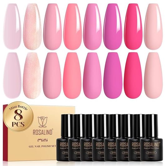 ROSALIND Pink Gel Polish, 8 Colors Hot Pink Light Pink Neon Pink Gel Nail Polish Set Pink Shades Pink Valentine Gel Polish Collection Nail Art Gift DIY at Home-Velvo Beauty