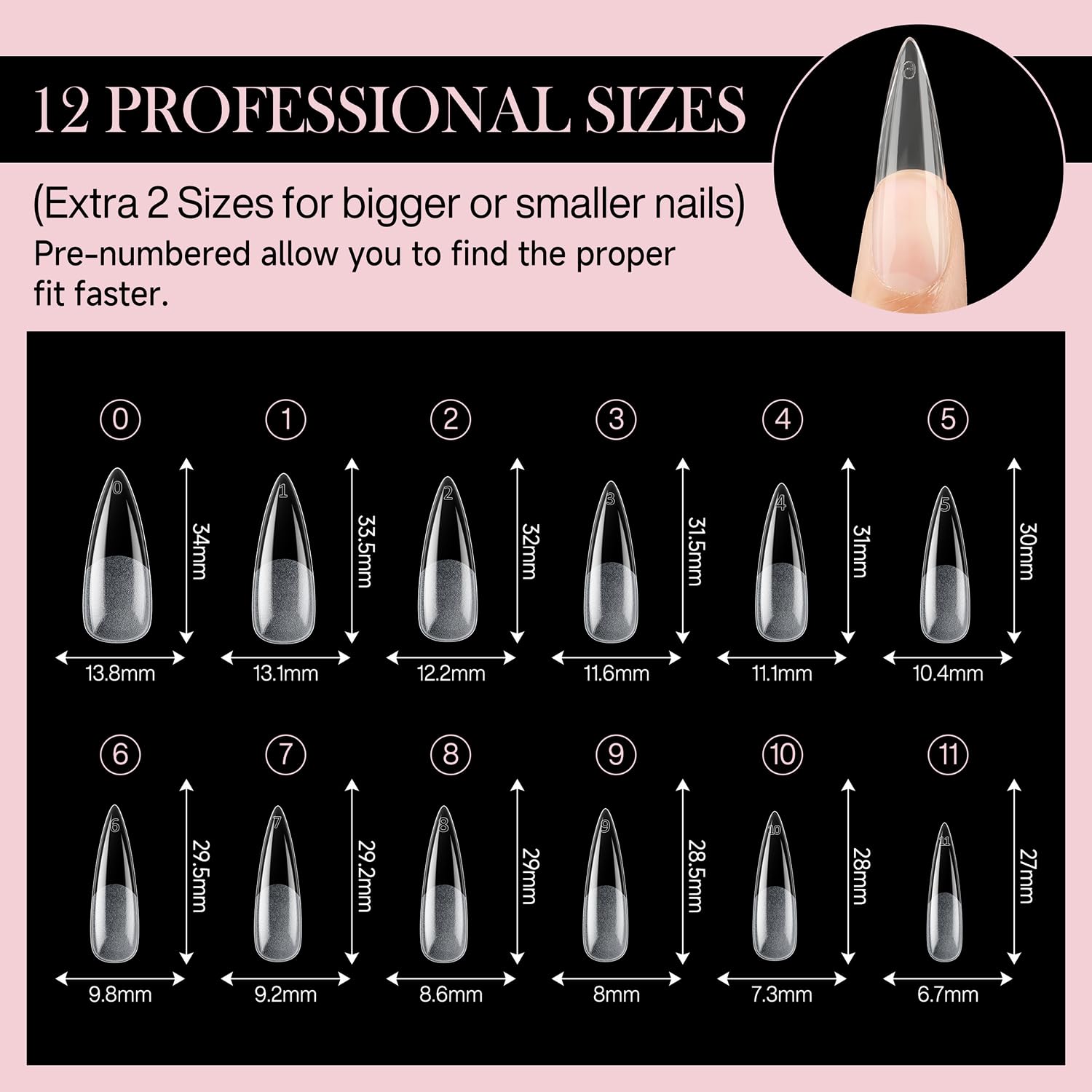 Long Amond Nail Tips: 504pcs Stiletto Gel Nails Tips Half Matte Full Cover Clear False Fake Nails for DIY Nail Art Press On Nails Acrylic Extensions 12 Sizes-Velvo Beauty