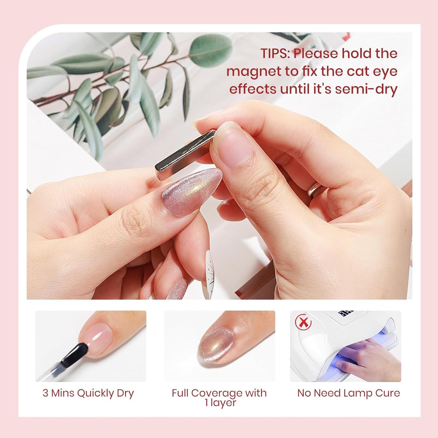 Coupled Pink Cat Eye Nail Polish Non Gel with Magnet Quick Dry Magnetic Nail Polish for Fingernail Air Drying Fast Lacquer Manicure Gift For Women Girls 16ml, 0.54fl oz-Velvo Beauty