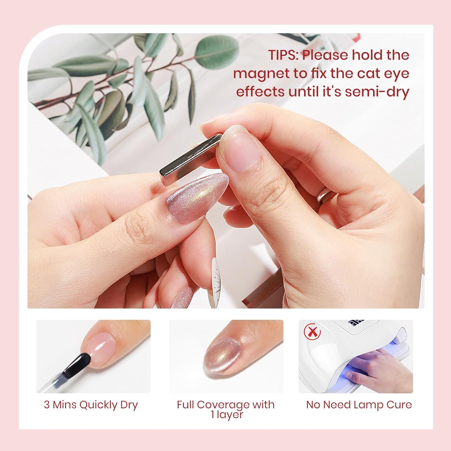 Coupled Pink Cat Eye Nail Polish Non Gel with Magnet Quick Dry Magnetic Nail Polish for Fingernail Air Drying Fast Lacquer Manicure Gift For Women Girls 16ml, 0.54fl oz-Velvo Beauty