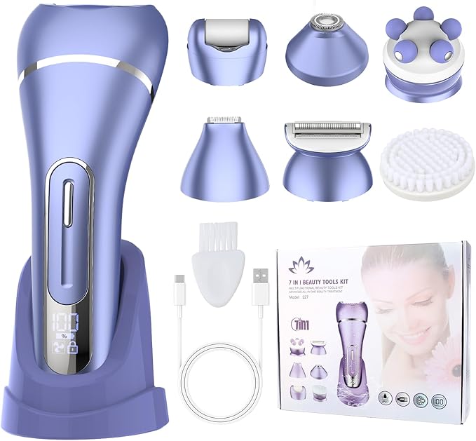 Epilator for Women, 7 in 1 Hair Removal for Women, Body Shaver, Bikini Trimmer, Face Razor, Facial Brush, Face Massage, Foot Callus Remover, IPX7 Waterproof Electric Shavers, Ideal Female Gift-Velvo Beauty