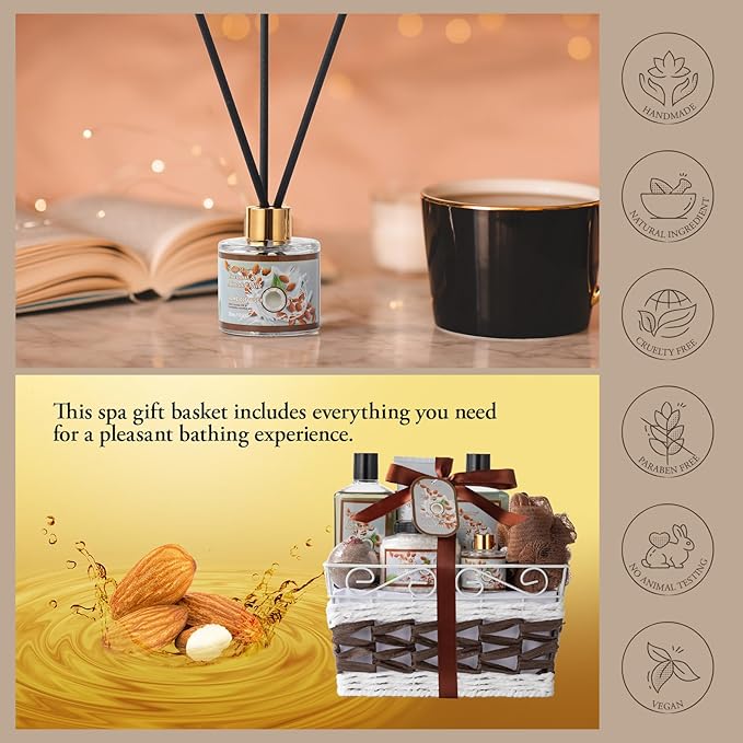 Fathers Day Gifts for Men for Dad Bath and Body Gift Basket For Women & Men Spa Gift Basket Coconut Almond 16 Pcs Bath Gift Set With Fragrant Lotion, Home Spa Luxurious Bath Body Oil, Diffuser & More-Velvo Beauty