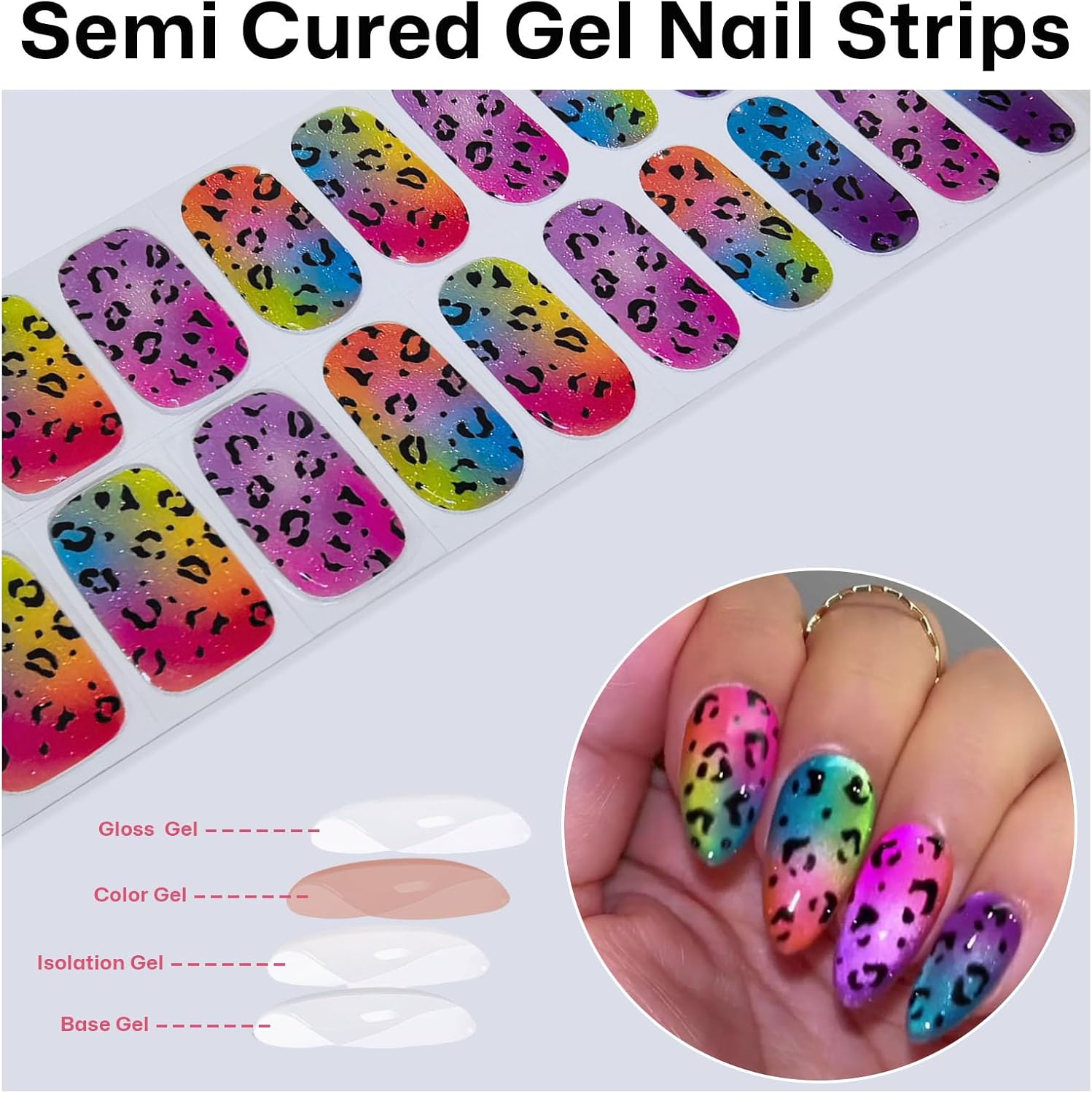 Semi Cured Gel Nail Strips with Gradient Leopard Gel nail stickers Colorful Glitter Nail strips Salon Quality & Easy to Use 20 Pcs for Women-Velvo Beauty