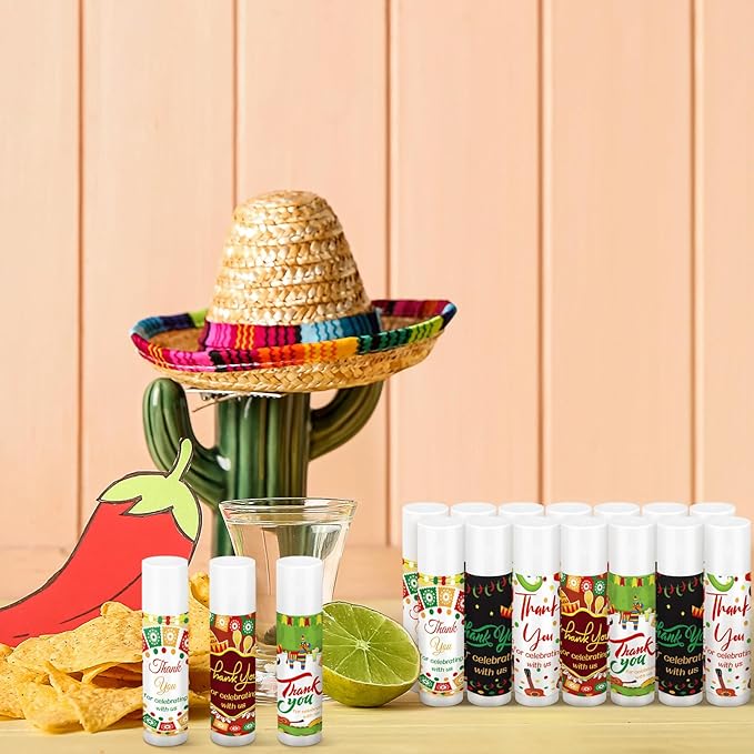 Dunzy 50 Pcs Thank You Gift Lip Balm Bulk Baby Shower Party Favors Bridal Shower Favor Lip Care with Assorted Fruit Flavors Thank You Lipstick for Guest Basket Gift Stuffer (Mexico Party)-Velvo Beauty