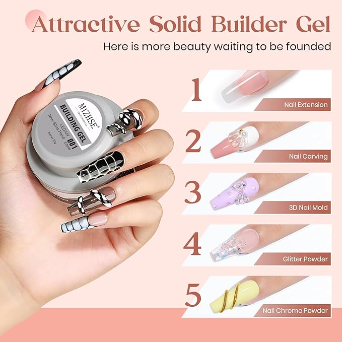 MIZHSE Clear Solid Builder Gel For Nails, 30g Non-Sticky Nail Extension Hard Builder Gel, Nail Strengthen 3D Sculpting Nail Art for Carving Modeling Soak Off Manicure Home-Velvo Beauty