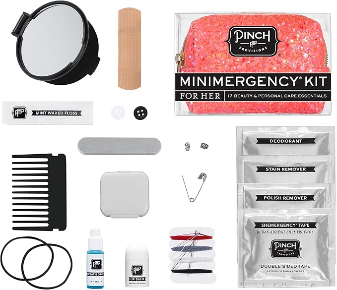 Pinch Provisions Coral Glitter Minimergency Kit, includes 17 Travel-Sized Cosmetic Essentials, Convenient for Purses, Emergency Beauty Accessories, Gifts for Holiday’s & Birthday’s-Velvo Beauty