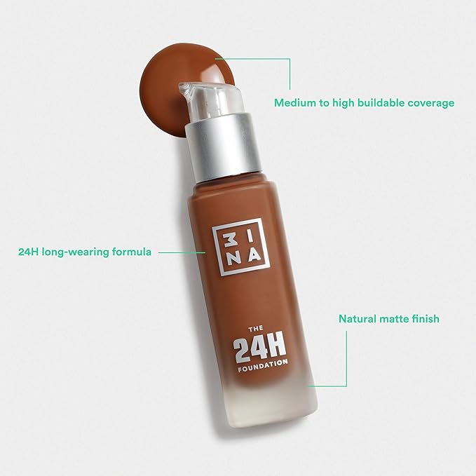 3INA The 24H Foundation 672-24H Long-Wearing Formula - Medium To High Buildable Coverage - Smooth Matte Finish - Expanded Shade Selection - Waterproof, Cruelty Free, Vegan Makeup - 1.01 Oz-Velvo Beauty
