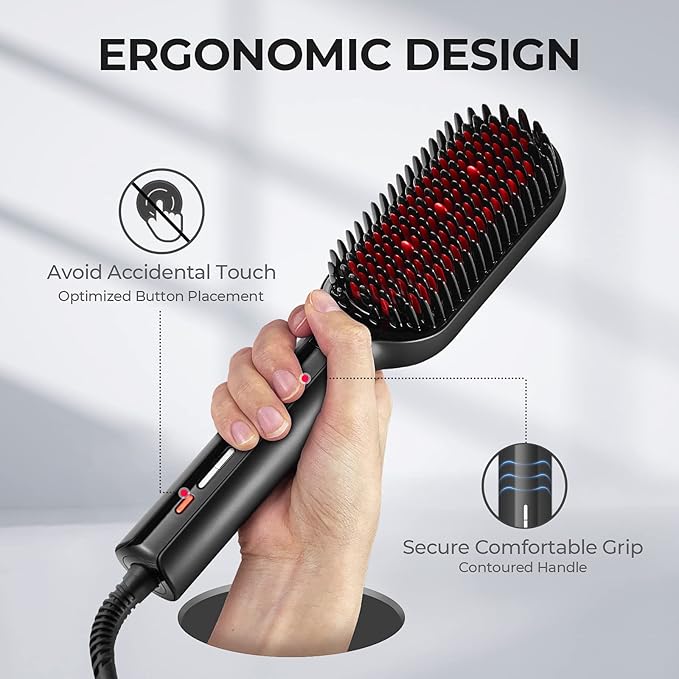 TYMO Hair Straightener Brush - Upgraded Ionic Plus Straightening Brush with Dense Bristles, 16 Temps, Dual Voltage | Ceramic Hot Comb for Women | Flat Iron for Thick Curly Hair, Black-Velvo Beauty