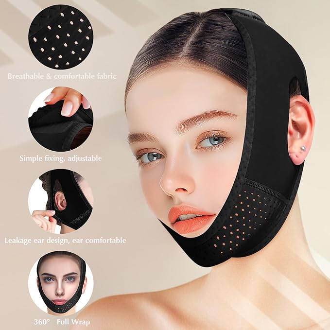 Reusable V Line Lifting Mask with Chin Strap, V Shaped Face Mask for Sagging, Jaw Exerciser (Black)-Velvo Beauty