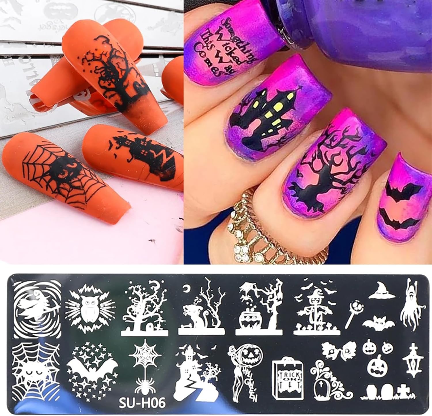 Halloween Nail Stamping Plate Art Stamping Kits DIY Printing Tools with Pumpkin Bat Witch Spider Owl Ghost Face Design Fashion Nail Stamp Art Decoration for Women 6Pcs-Velvo Beauty