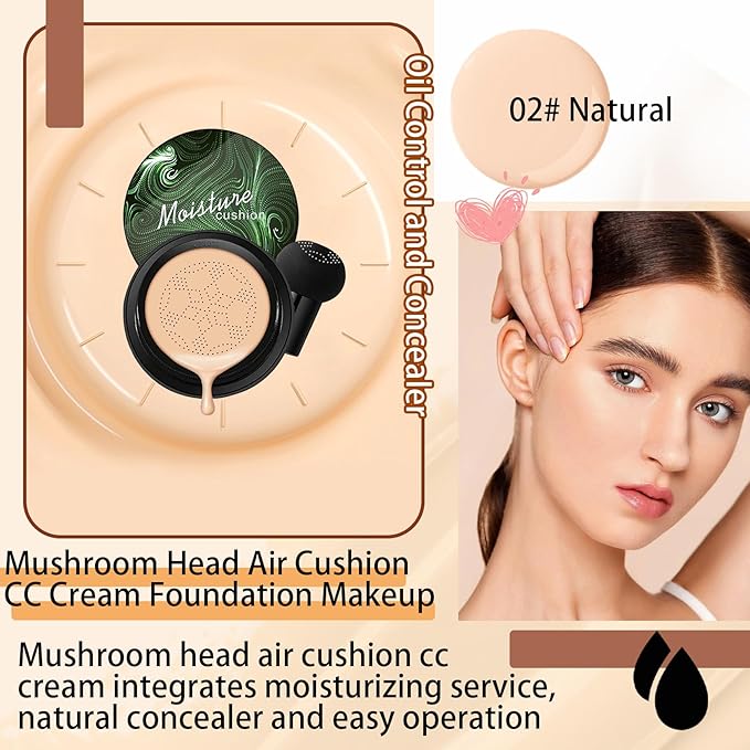 Mushroom Head Air Cushion CC Cream Foundation Makeup,Moisturizing Non-Greasy BB Cream Foundation,Long Lasting Matte Concealer Full Coverage Face Makeup Liquid Foundation for All Skin Types(Natural)-Velvo Beauty