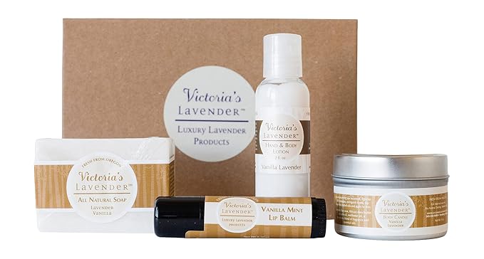 Victoria's Lavender Natural Body Products Gift Set - Handmade Soap, Hand & Body Lotion, Lip Balm, Body Candle Skin Care Sets & Kits, Lavender Bath and Body Products for Women, Vanilla Lavender-Velvo Beauty