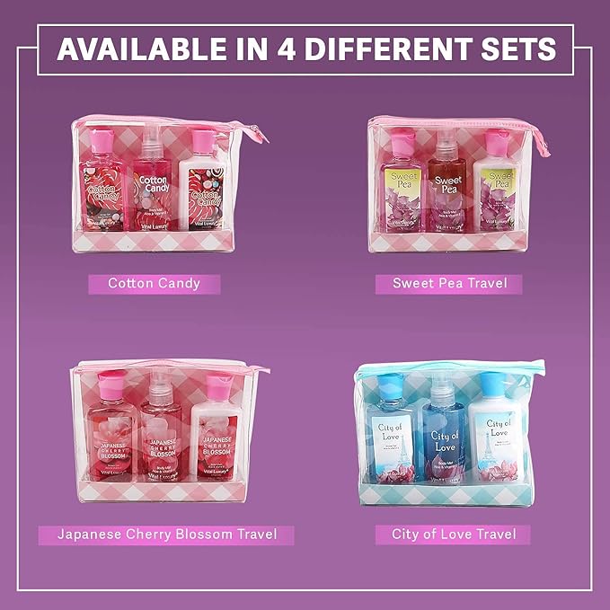 Bath & Body Care Travel Set - Home Spa Set with Body Lotion, Shower Gel and Fragrance Mist, Valentines Day Gifts for Her and Him(Cotton Candy)-Velvo Beauty