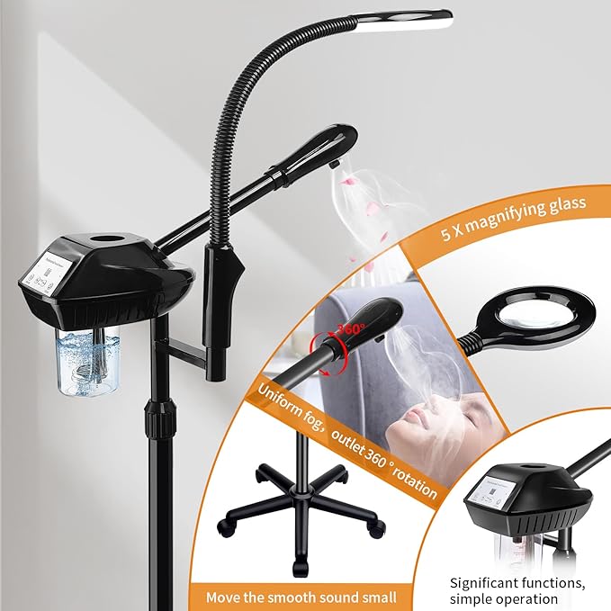 Facial Steamer for Ozone Humidifier Atomizer Attach 5× Magnifier and Light, Professional Face Steamer Clean Skin Firming Pores and Moisturizing Suitable for a Beauty, Spa, at Home-Velvo Beauty