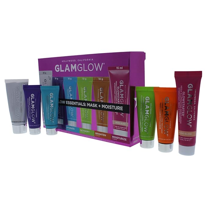 GLAMGLOW Glow Essentials Mask + Moisture Travel Set - SUPERMUD (0.7 oz), GLOWSTARTER NUDE (0.5 oz), GRAVITYMUD (0.35 oz), THRISTYMUD (0.35 oz), POWERMUD (0.35 oz) & FLASHMUD (0.35 oz)-Velvo Beauty