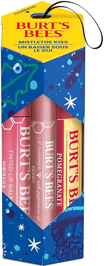 Burt's Bees Mistletoe Kiss Pink, Pomegrante, Peony, Hibiscus Lip Balm and Shimmer Holiday Collection Gift Set of 3-1 Count-Velvo Beauty