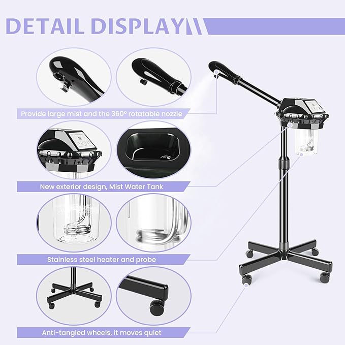 Professional Facial Steamer, Facial Steamer on Wheels, Face Steamer with Time Setting, Stand Face Steamer Adjustable Height for Spa, Salon and at Home use-Velvo Beauty