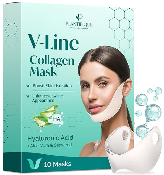 PLANTIFIQUE V-Line Collagen Mask for face 10 PCS | Chin Strap for Women & Men | V Line Lifting Mask with Collagen and Hyaluronic Acid V Shape Face Tape Chin | Skin Firming-Velvo Beauty