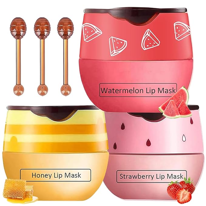 3 PCS Bee Lip Mask Honey Pot Lip Balm,Strawberry Watermelon Lip Mask Overnight Hydrating Dry and Crack Lip Scrubs Exfoliator Propolis Lip Sleeping Mask (Strawberry & Watermelon & Honey)-Velvo Beauty