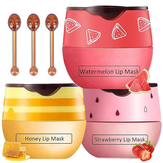 3 PCS Bee Lip Mask Honey Pot Lip Balm,Strawberry Watermelon Lip Mask Overnight Hydrating Dry and Crack Lip Scrubs Exfoliator Propolis Lip Sleeping Mask (Strawberry & Watermelon & Honey)-Velvo Beauty