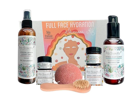 Facial Skincare Kit, Natural Skin Care Gift Set, Facial Cleanser, Vitamin C Cream, Rose Eye Cream, Lavender Mist, Dry Brush for Face, Facial Giftset for Women, Birthday Gifts for Women-Velvo Beauty