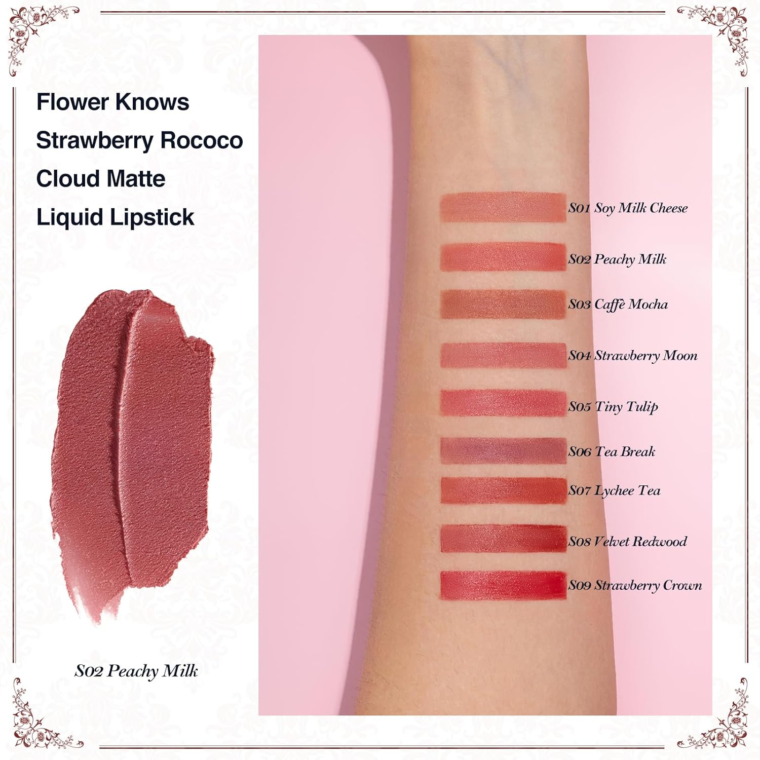 Flower Knows Strawberry Rococo Cloud Lip Cream,Velvety Matte Liquid Lipstick,Nude Lipstick,Long Lasting Lip Stain,Kiss-proof Blurred Lipstick for Girls&Women,0.12 Fl Oz(S02 Peachy Milk)-Velvo Beauty