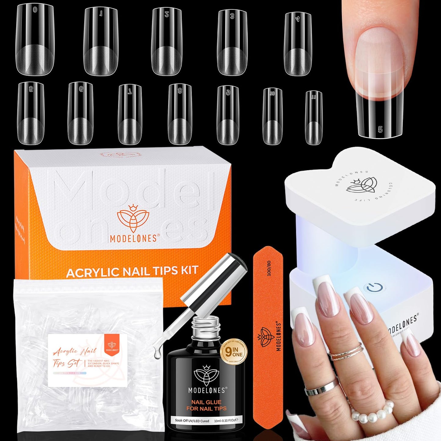 modelones Medium Square Gel Nail Tips Kit, 9-in-One Nail Glue with Portable U V Lamp 216Pcs 12Sizes Pre-Etched Press ons Fake Acrylic Extension Kit DIY Salon Gift for Women-Velvo Beauty