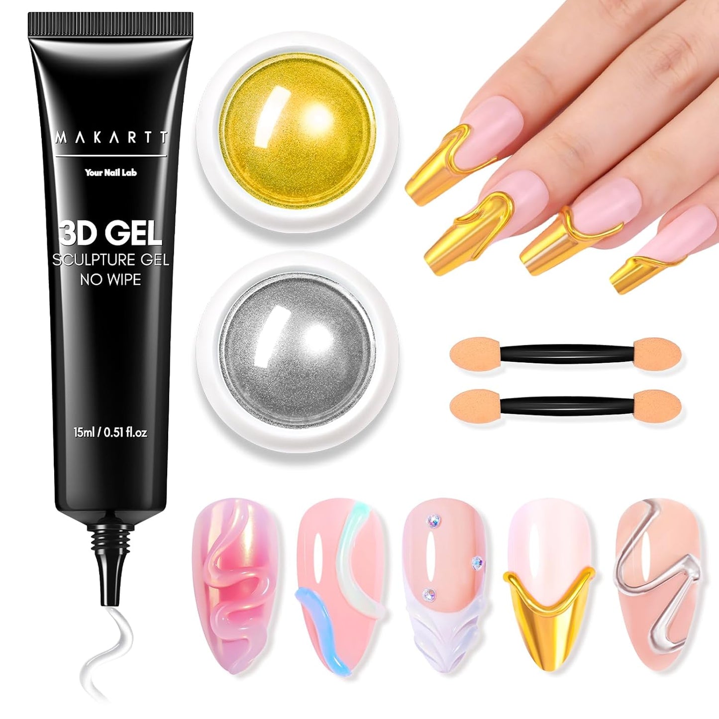 Makartt 3D Gel Nail Art & Chrome Nail Powder Kit: 15g Sculpting Gel for Nail Art DIY No wipe 3D Molding and Metallic Chrome Powder Set for Decoration Manicure Pedicure Use-Velvo Beauty