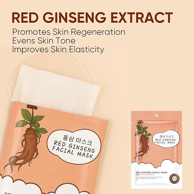 10Pack Sheet Face Masks Skincare for All Skin Types, Moisturizing Hydrating Face Masks Suitable for Sensitive Skin, Red Ginseng Face Masks for Wrinkles, Fine-Lines, Firmness and Elasticity-Velvo Beauty