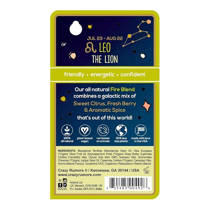 Crazy Rumors Leo Zodiac All Natural, Plant Based Lip Balm to Moisturize and Nourish your Lips - Fire Blend (Sweet Orange, Fresh Berry, Aromatic Spice)-Velvo Beauty