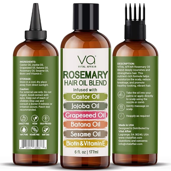 Blend Of Pure Rosemary Oil For Hair Growth With Castor, Batana, Jojoba Oil-Infused With Biotin & Vitamin E-Blend of Effective Hair Oils for Hair Growth-Strengthening Treatment 6 Fl Oz-Velvo Beauty