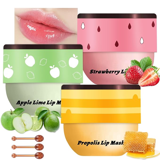 3 PCS Bee Lip Balm Honey Pot, Honey & Strawberry & Apple Lime Lip Mask Overnight Propolis Moisturizing Lip Balm Hydrating Prevention Dry and Crack Lip Scrubs Exfoliator Lip Wrinkle Care (Set A)-Velvo Beauty
