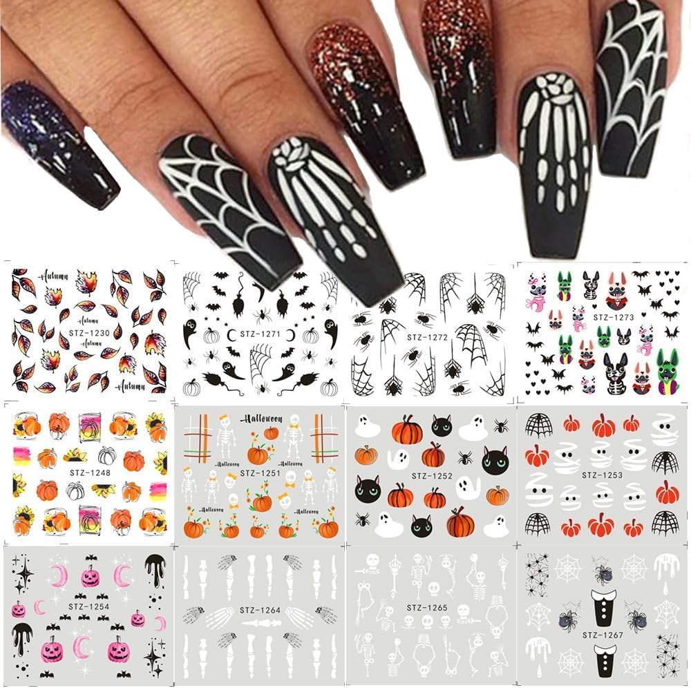 Halloween Nail Art Stickers Water Transfer Nail Decals 12Pcs Halloween Pumpkin Skeleton Spider Ghost Maple Leaf Designer Slider Nail Foils Fall Watermark Decals for Nail Manicure Accessories for Women-Velvo Beauty