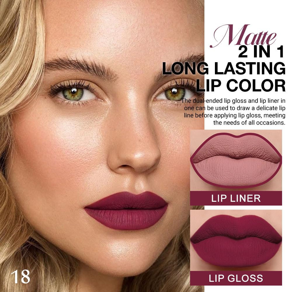 evpct 1Pcs Dark Plum Purple Matte Lip Liner and Liquid Lipstick Stain Makeup Set for women, Plum Red Long Lasting Smudge Proof Lipstick labiales matte mate larga duracion listip 24 hours originales,18-Velvo Beauty