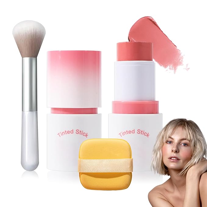 Cream Blush Stick with Brush and Makeup Sponge,Waterproof Multi Cream Makeup Stick,Lightweight,Long-lasting,2 in 1 Multi Blush for Cheeks & Lip Tint & Eyeshadow M-Velvo Beauty