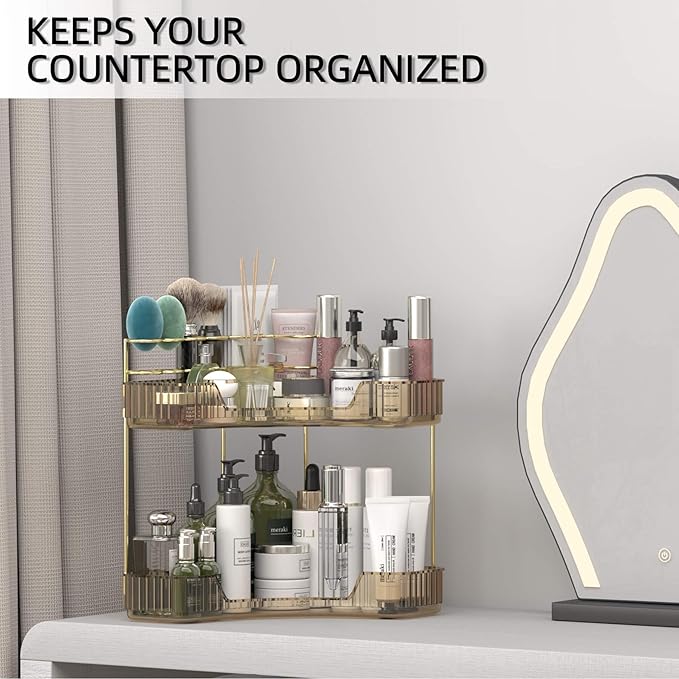 Corner Bathroom Counter Organizer with Top Toothbrush Holders, 2-Tier Make Up Organizers for Vanity with Brush Holder, Corner Storage for Bathroom, Kitchen, Dresser-Velvo Beauty
