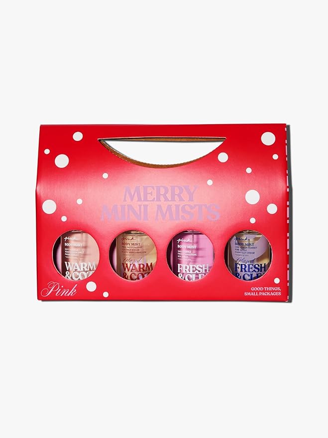 Victoria's Secret PINK 4 Piece Merry Mini Mists Gift Set: Warm & Cozy and Fresh & Clean, Assorted Scents-Velvo Beauty
