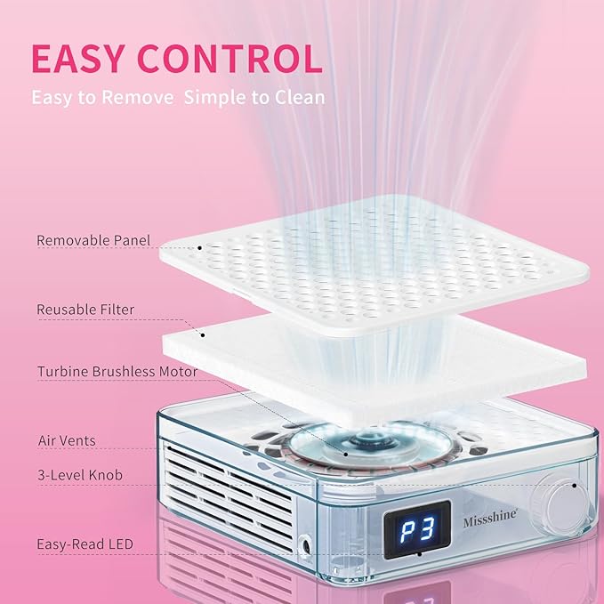 Missshine Nail Dust Collector with Adjustable Suction Power，Mini Vacuum Nail fan Dust Collector With Reusable Filter for Girls-Velvo Beauty