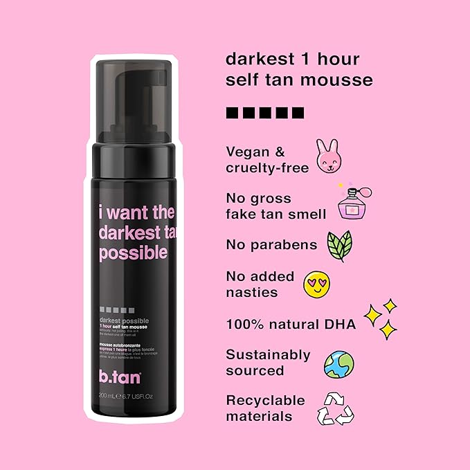 b.tan Ultra Dark Self Tanner Mousse | I Want The Darkest Tan Possible - Fast, 1 Hour Express Sunless Tanning Foam, Golden Bronzing Glow, Face & Body, No Fake Tan Smell, Vegan, Cruelty Free, 6.7 Fl Oz-Velvo Beauty